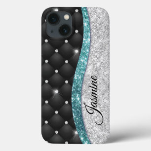 Chic girly faux Silver glitter black teal monogram iPhone 13 Case