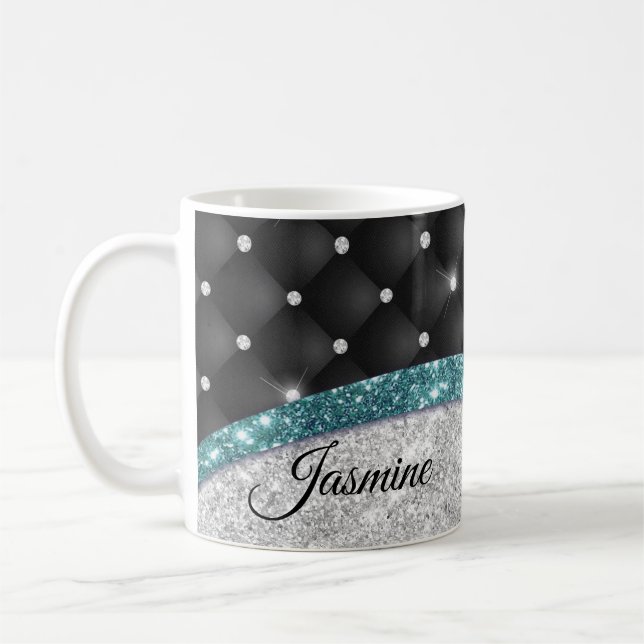 Chic girly faux Silver glitter black teal monogram Coffee Mug (Left)