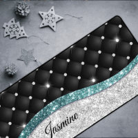 Chic girly faux Silver glitter black teal monogram