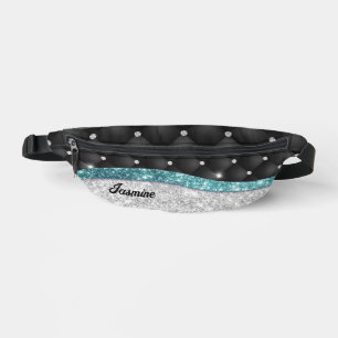 Chic girly faux Silver glitter black teal monogram Fanny Pack