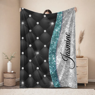 Chic girly faux Silver glitter black teal monogram Fleece Blanket