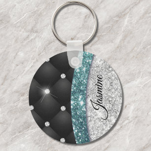 Chic girly faux Silver glitter black teal monogram Keychain