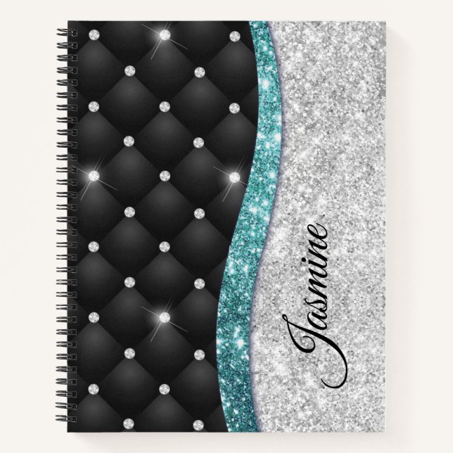 Chic girly faux Silver glitter black teal monogram Notebook (Front)