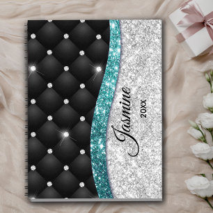Chic girly faux Silver glitter black teal monogram Planner