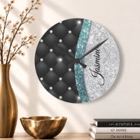 Chic girly faux Silver glitter black teal monogram