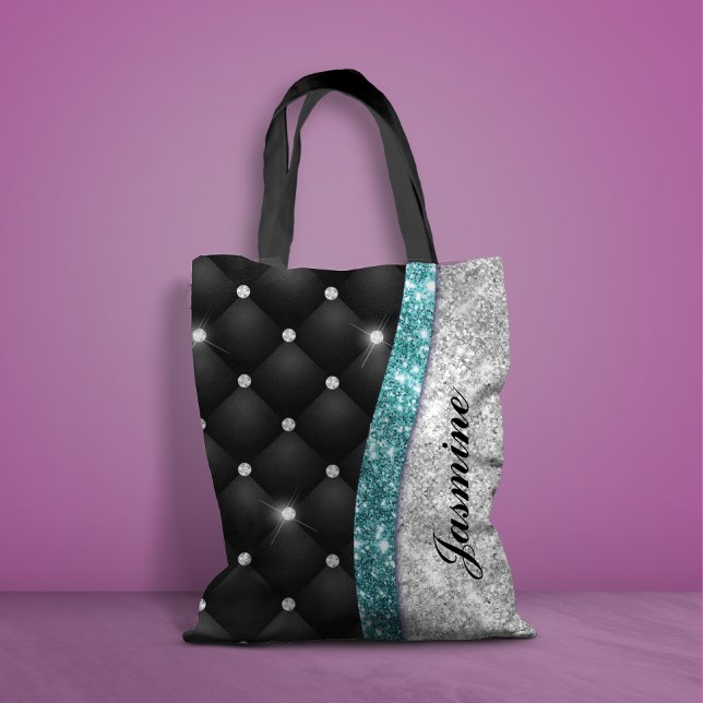 Chic girly faux Silver glitter black teal monogram Tote Bag (Creator Uploaded)