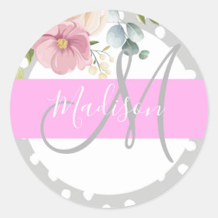Chic & Girly Floral White Pink Gray Monogram Name Classic Round Sticker