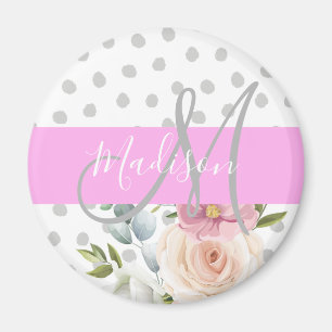 Chic & Girly Floral White Pink Gray Monogram Name Magnet