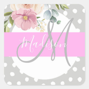 Chic & Girly Floral White Pink Gray Monogram Name Square Sticker