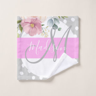Chic & Girly Floral White Pink Gray Monogram Name Wash Cloth