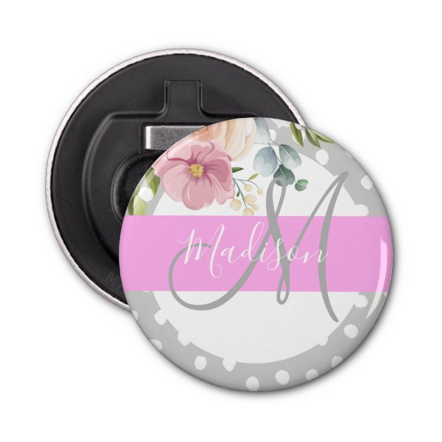 Chic & Girly Floral White Pink Grey Monogram Name Bottle Opener (Front)