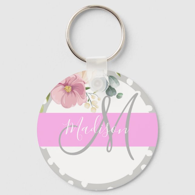 Chic & Girly Floral White Pink Grey Monogram Name Keychain (Front)