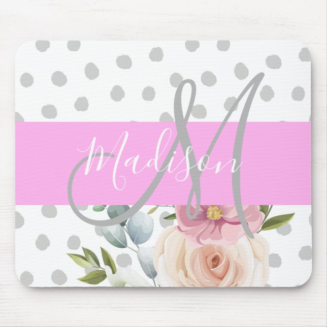 Chic & Girly Floral White Pink Grey Monogram Name Mouse Pad (Front)