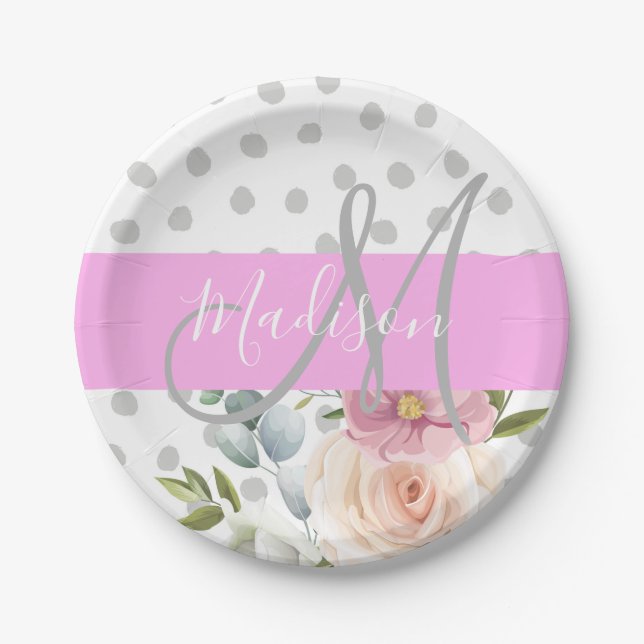 Chic & Girly Floral White Pink Grey Monogram Name Paper Plate (Front)