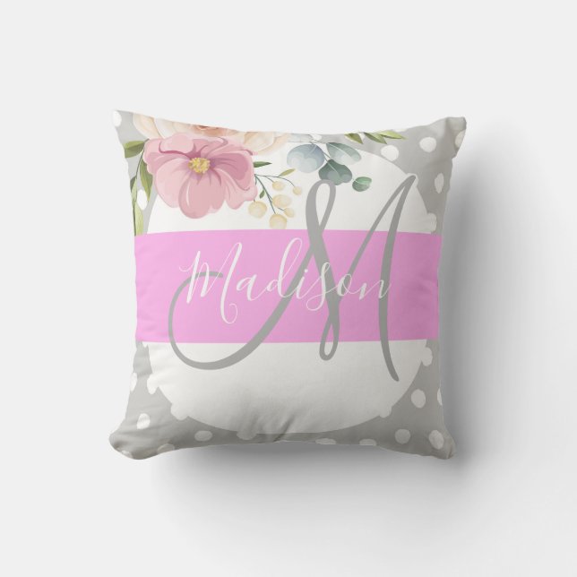 Chic & Girly Floral White Pink Grey Monogram Name Throw Pillow (Front)