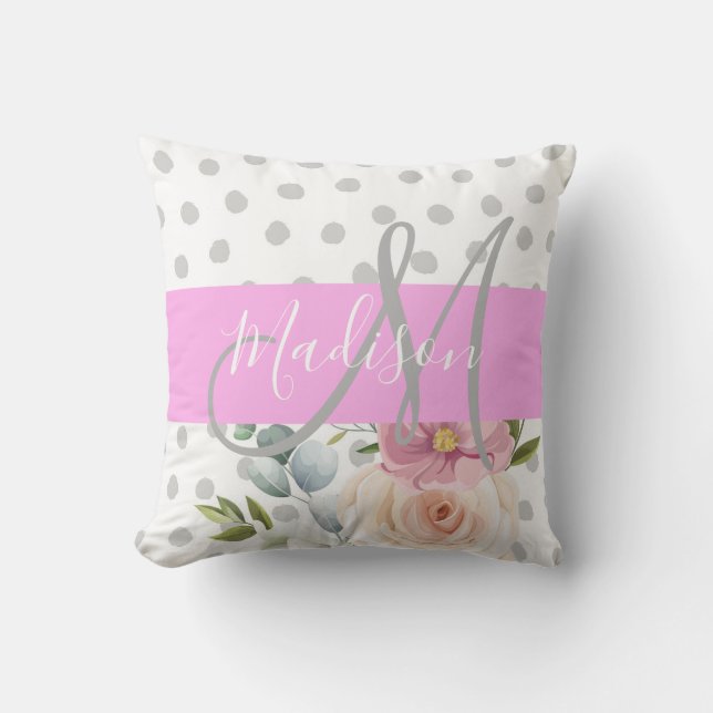 Chic & Girly Floral White Pink Grey Monogram Name Throw Pillow (Front)