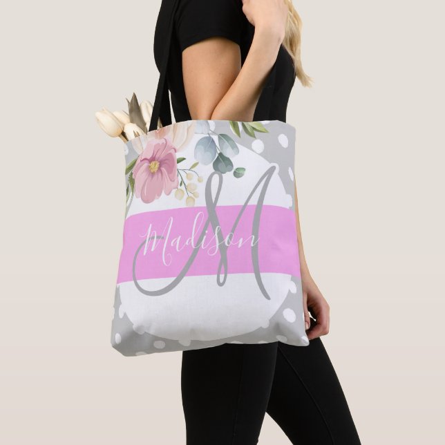 Chic & Girly Floral White Pink Grey Monogram Name Tote Bag (Close Up)