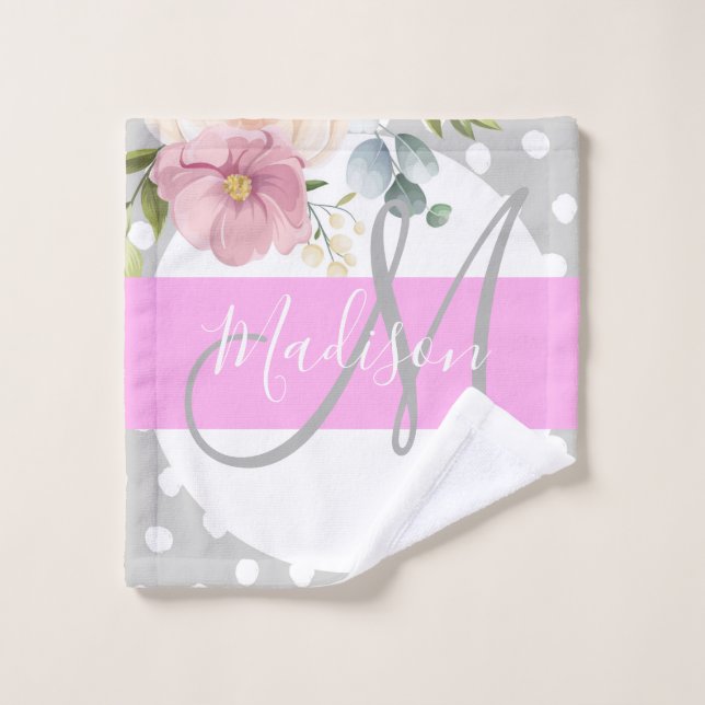 Chic & Girly Floral White Pink Grey Monogram Name Wash Cloth (Wash Cloth)
