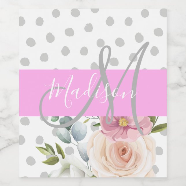 Chic & Girly Floral White Pink Grey Monogram Name Wine Label (Single Label)