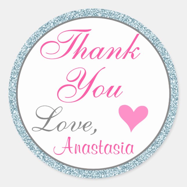 Chic Girly Glam Pink Light Blue Glitter Thank You Classic Round Sticker (Front)