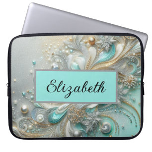 Chic girly glitter and name teal silver gold laptop sleeve