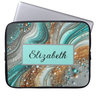 Chic girly glitter and name teal silver gold laptop sleeve