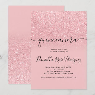 Chic girly glitter sparkles pink ombre quinceanera invitation