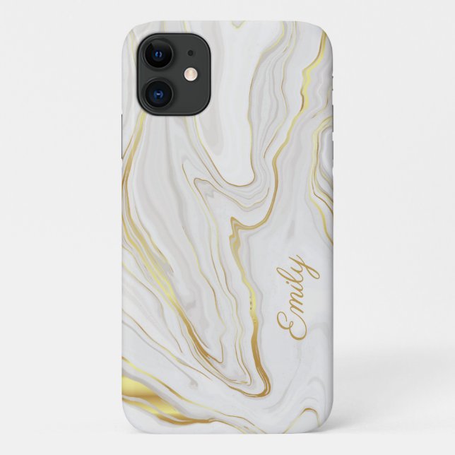 Chic Girly Gold and White Marble Personalized Name Case-Mate iPhone Case (Back)