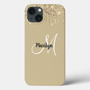 Chic Girly Gold Glitter Drips Monogram Name Design iPhone 13 Case