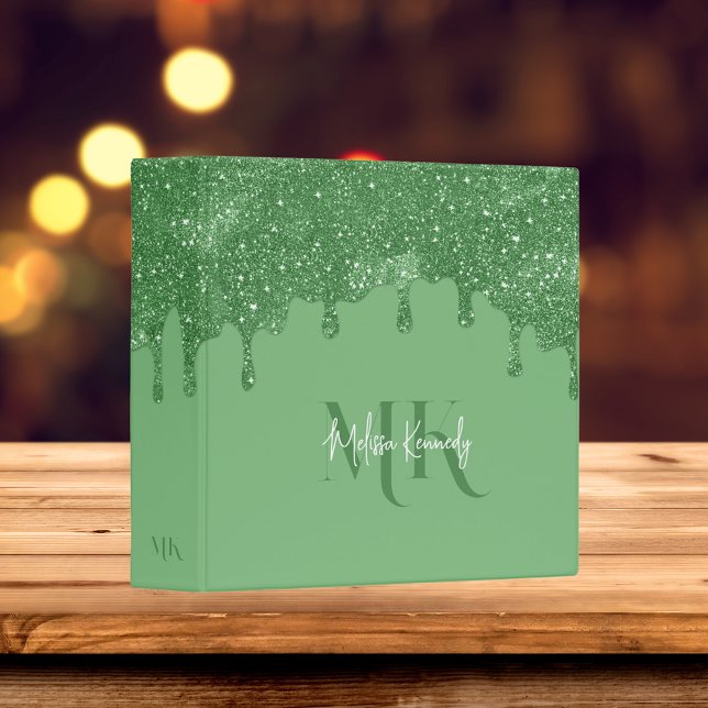 Chic Girly Green Glitter Drips Monogram With Name  Binder (Creator Uploaded)