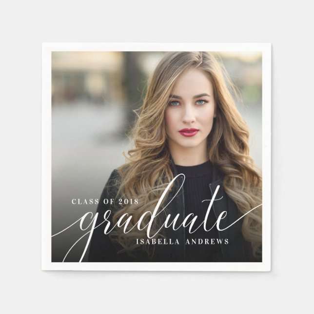 Chic Girly Hand Lettered Script Photo Graduation Napkin (Front)