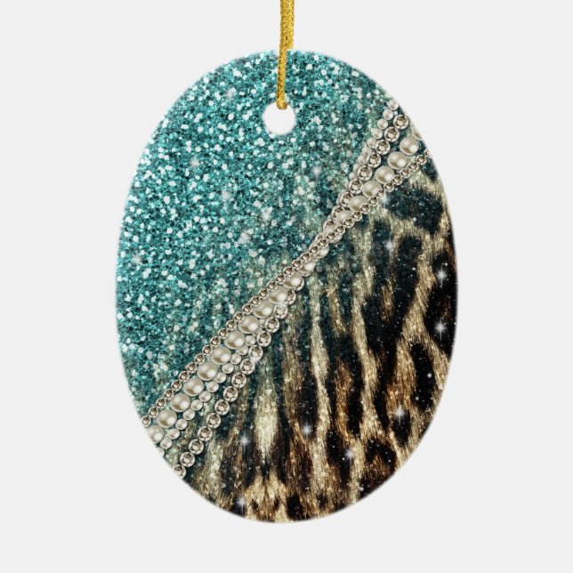 Chic Girly Leopard Print Blue Glitter Ceramic Ornament (Front)