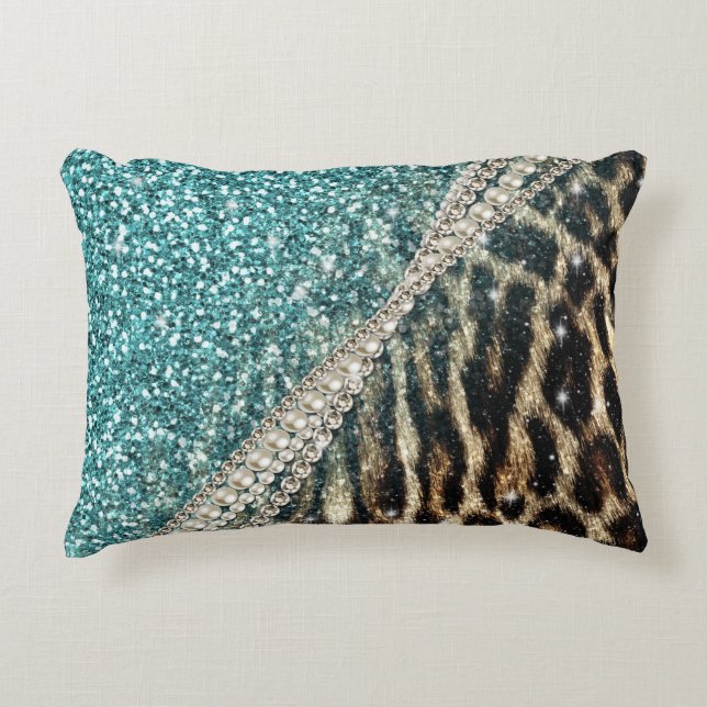 Chic Girly Leopard Print Blue Glitter Decorative Pillow (Front)