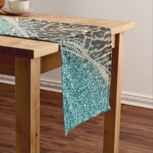 Chic Girly Leopard Print Blue Glitter Long Table Runner