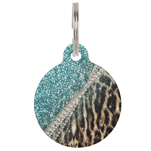 Chic Girly Leopard Print Blue Glitter Pet Tag (Back)