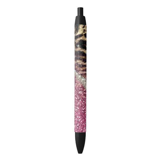 Chic Girly Leopard Print Pink Glitter Black Ink Pen (Front Vertical)