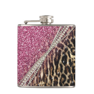 Chic Girly Leopard Print Pink Glitter Hip Flask