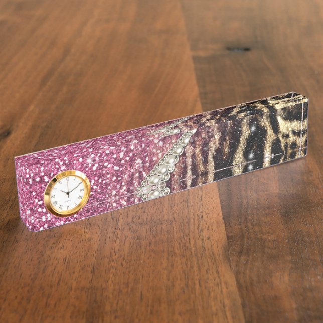 Chic Girly Leopard Print Pink Glitter Nameplate (Side)