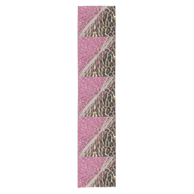 Chic Girly Leopard Print Pink Glitter Short Table Runner (Front)