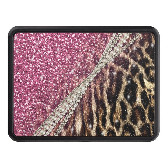 Chic Girly Leopard Print Pink Glitter Trailer Hitch Cover (Front)