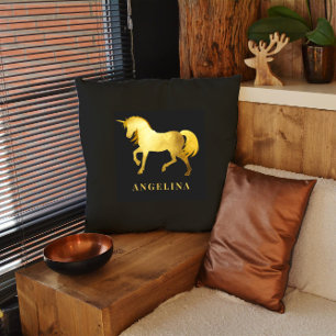  Chic Girly Luxury Black Gold Unicorn Personalized Throw Pillow