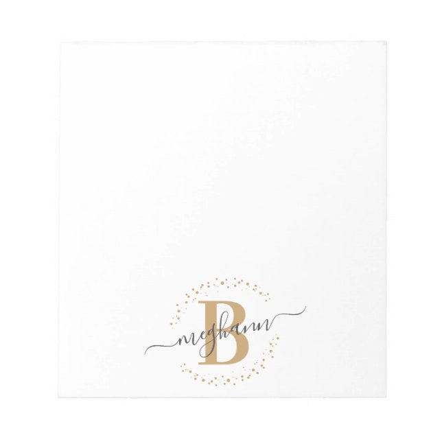 Chic Girly Modern White Gold Name Script Monogram Notepad (Front)
