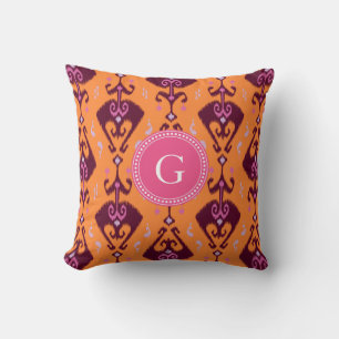 Chic girly orange ikat tribal pattern monogram throw pillow