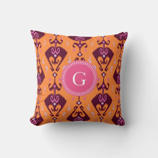 Chic girly orange ikat tribal pattern monogram throw pillow (Front)
