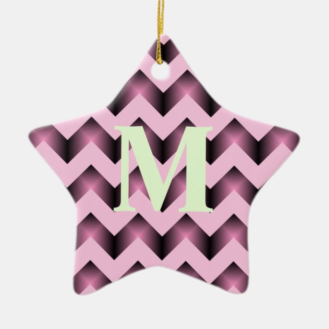 chic girly pattern monogram rose pink chevron ceramic ornament (Front)