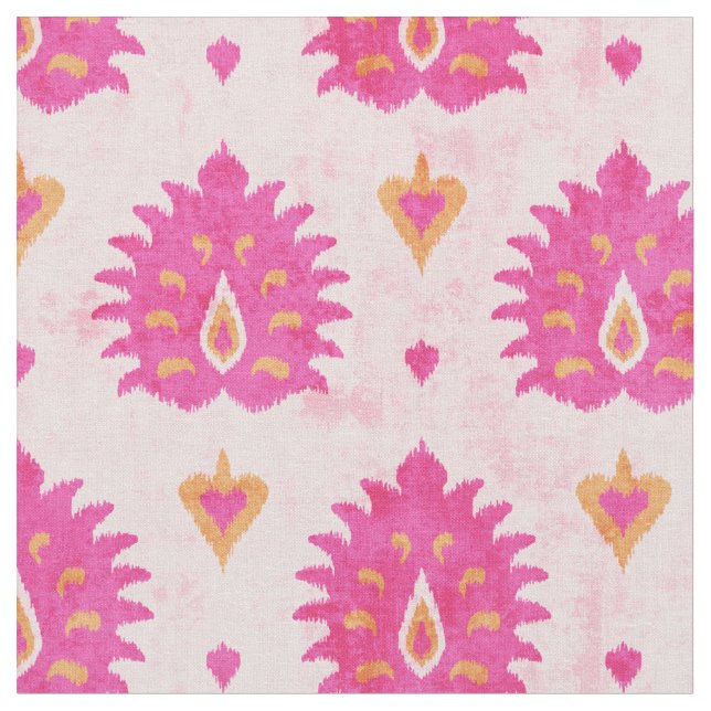 Chic girly pink and gold damask ikat pattern fabric (Close Up)