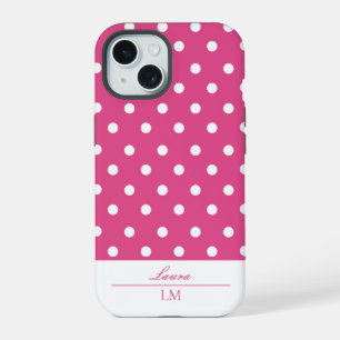 Chic Girly Pink and White Polka Dots Tough iPhone 15 Case