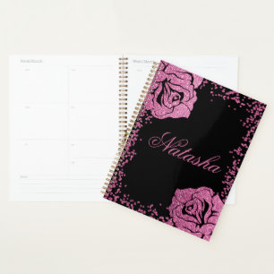 Chic Girly Pink Glitter Rose Black Personalized Planner