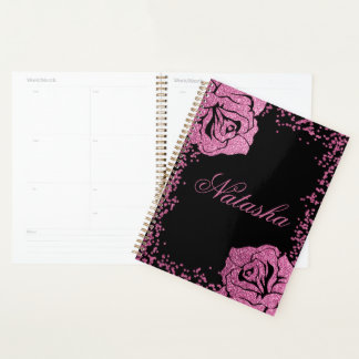 Chic Girly Pink Glitter Rose Black Personalized Planner