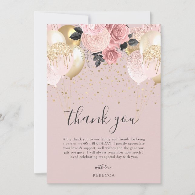 Chic Girly Pink & Gold Birthday  Thank You Card (Front)